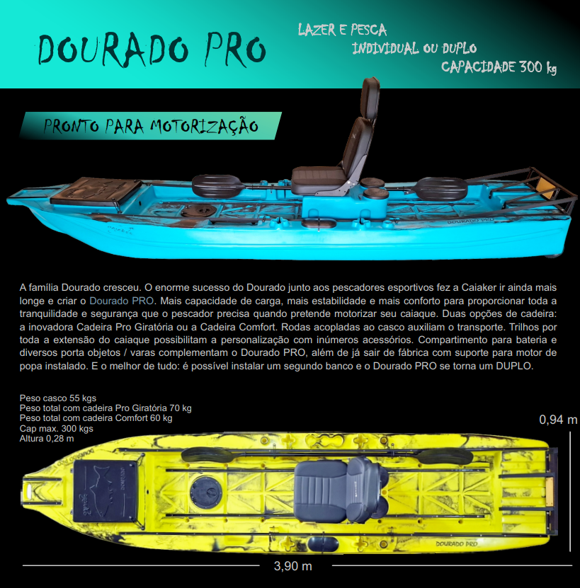 Caiaque de pesca Caiaker Dourado PRO - Cadeira COMFORT