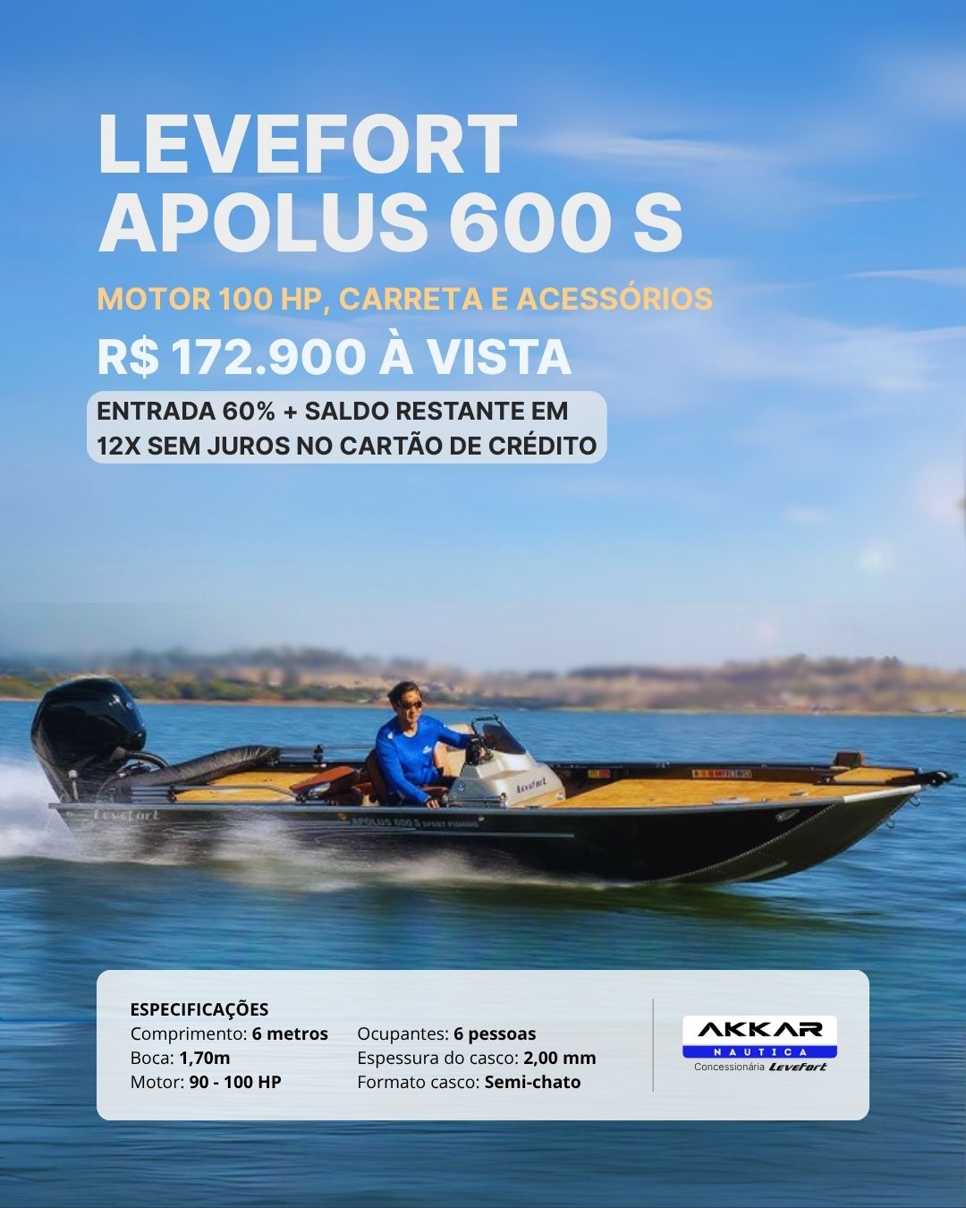 Barco lancha Levefort Apolus 600 S + Motor popa Mercury 100HP ELPT EFI + Carreta rodoviária